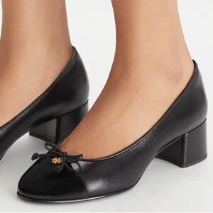 Tory Burch Black Leather Cap-Toe Block Heel Pumps with Bow